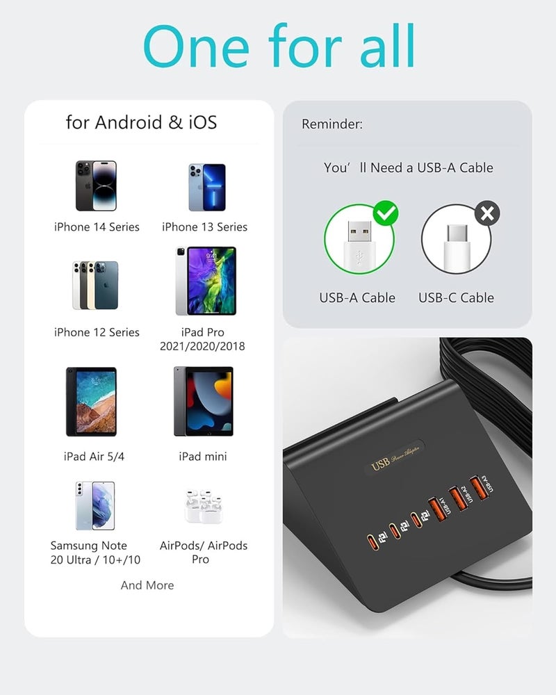 VHBW USB C Charger, 6 Ports USB Charging Station,Multi USB Charger Plug for iPhone, iPad, Samsung, AirPods, Pixel, iWatch, Redmi etc (Black) - Image 4