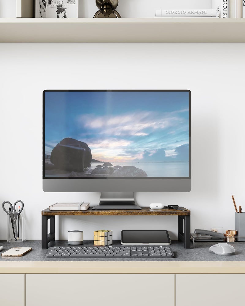 OROPY Wooden Computer Monitor Stand with Metal Frame, Monitor Riser for Laptop PC, Desktop Storage Organizer for Home or Office - Image 2