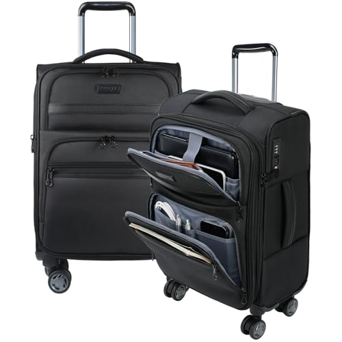 KROSER Softside Expandable Carry On Luggage with Front Business Pockets20 Inch Suitcases with Spinner Wheels Builtin TSA Lock Durable Suitcase Rolling Luggage with USB Port Black - Image 1
