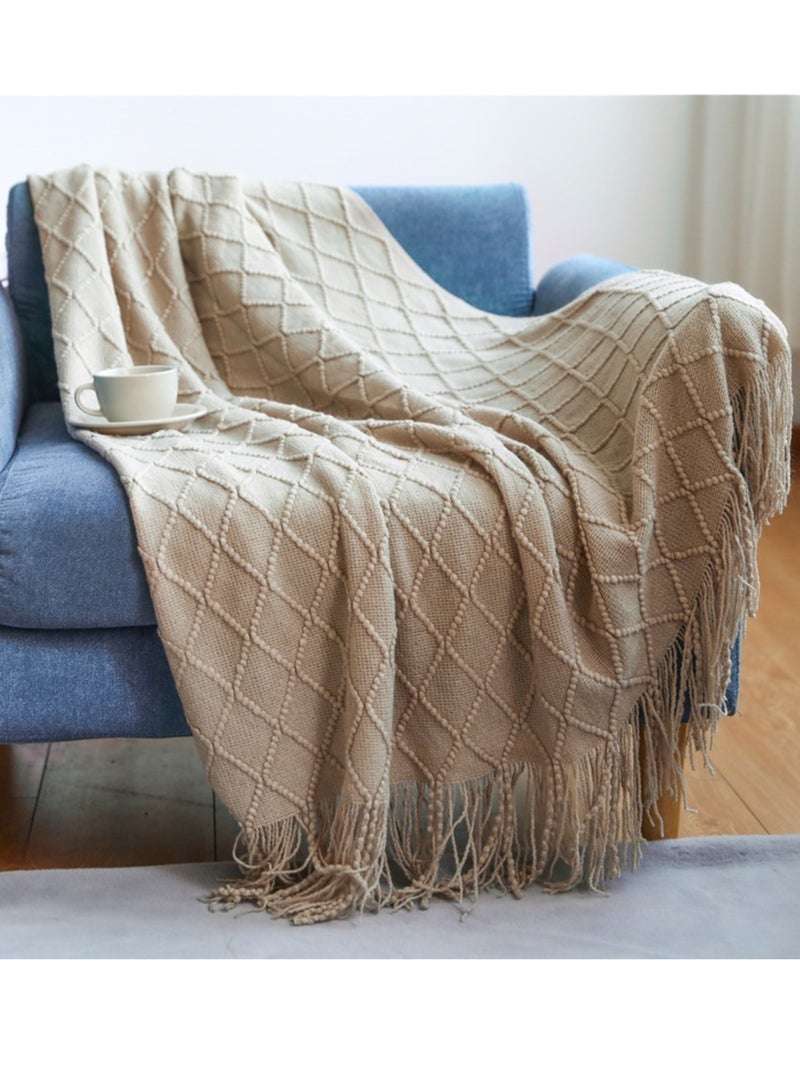 Loquat Tassel Design Knitted Soft Throw Blanket Keep Warm Ginger Khaki