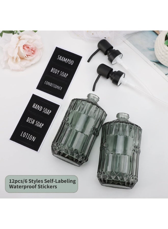 Shampoo Dispenser, 2pcs Empty Refillable Pump Bottle with Labels, 450ml Plastic Press Lotion Dispenser Bathroom Shower Containers for Conditioner Hand Wash Gel Dish Soap - Image 4