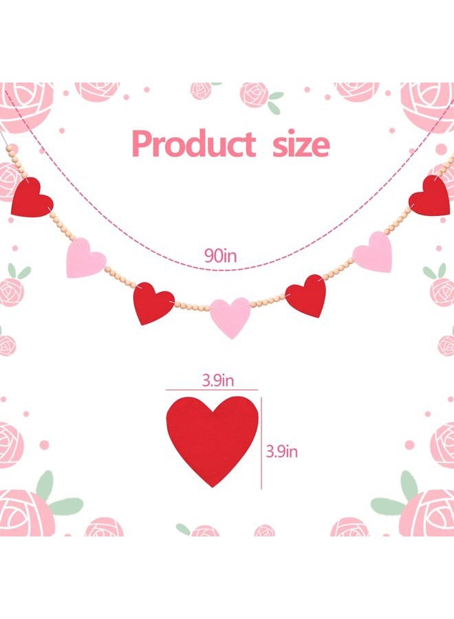 FUULOXE Valentine's Day Felt Heart Garland with Wood Beads, Red Pink Banner for Fireplace Mantel, Wall Decor, Wedding and Party Supplies - Image 2