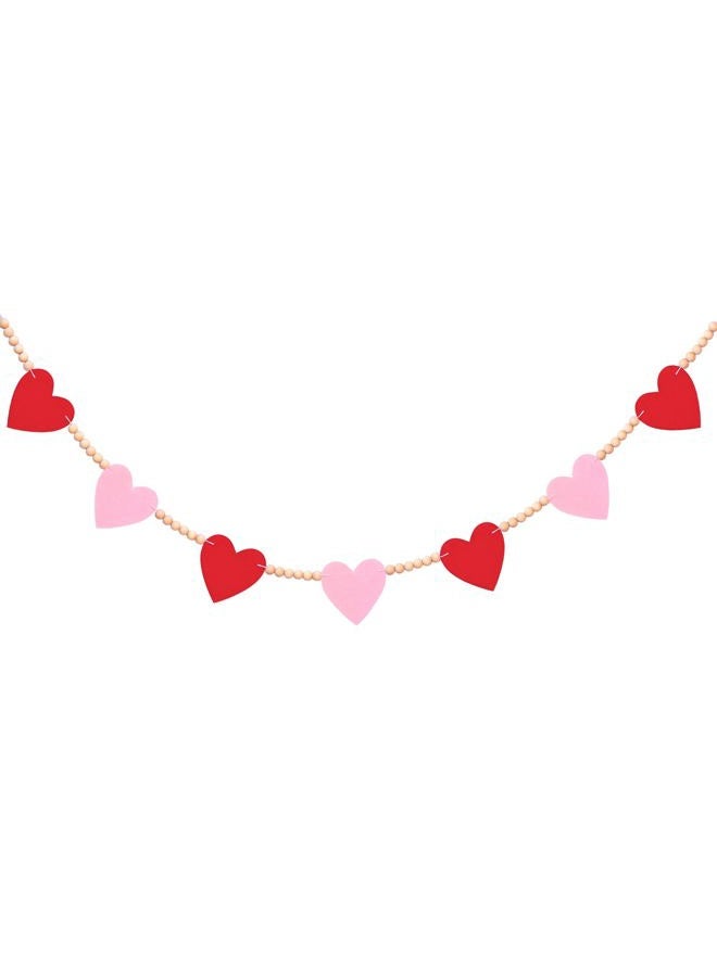 FUULOXE Valentine's Day Felt Heart Garland with Wood Beads, Red Pink Banner for Fireplace Mantel, Wall Decor, Wedding and Party Supplies - Image 1