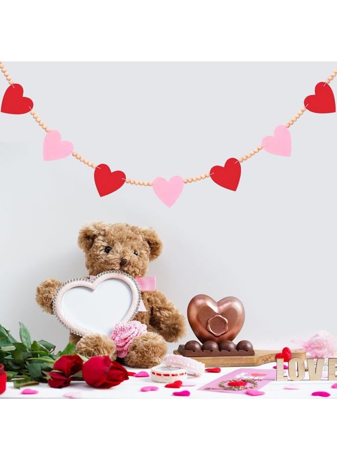 FUULOXE Valentine's Day Felt Heart Garland with Wood Beads, Red Pink Banner for Fireplace Mantel, Wall Decor, Wedding and Party Supplies - Image 3
