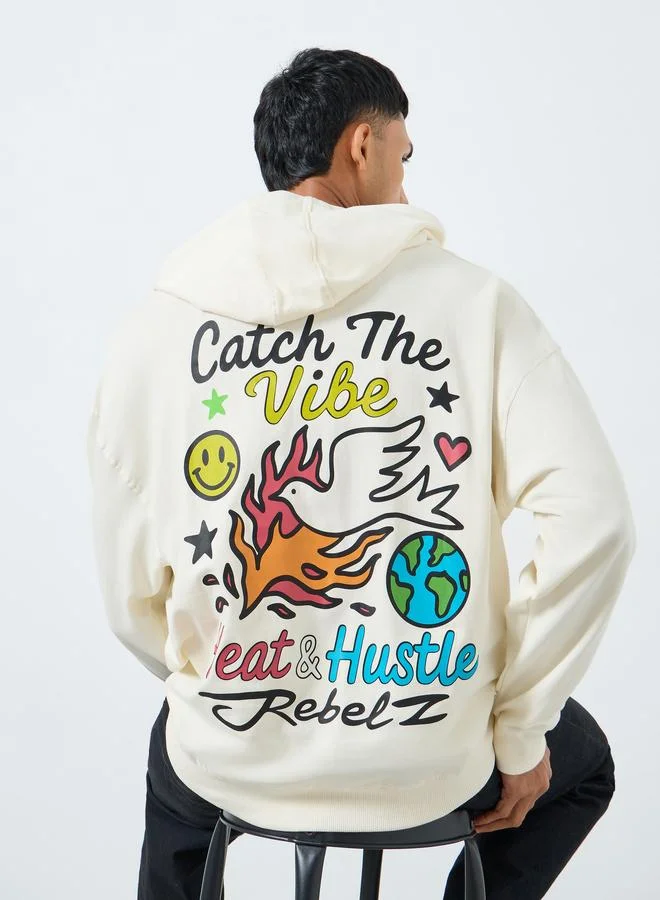 Styli Styli Cream Graphic Print Oversized Hoodie