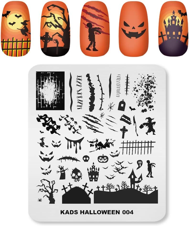 KADS 3Pcs Nail Stamping Plates Set Nails Art Stamp Templates Halloween Horror Themed Skull Bat Witch Spider(Halloween 2) - Image 3