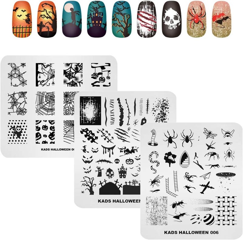 KADS 3Pcs Nail Stamping Plates Set Nails Art Stamp Templates Halloween Horror Themed Skull Bat Witch Spider(Halloween 2) - Image 1