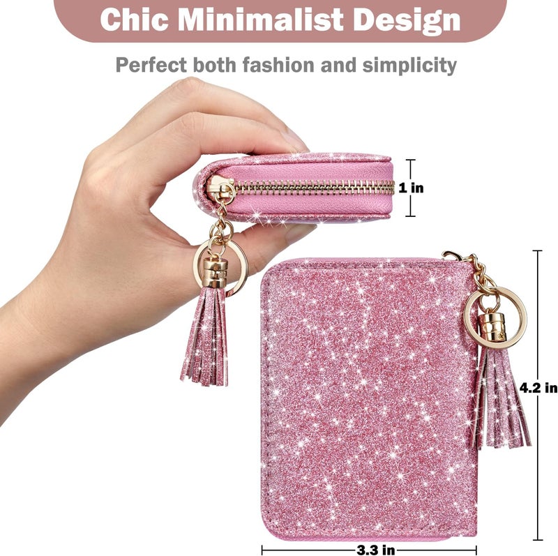 Hot Cool Credit Card Holder for Women, Card Leather Cases Small Wallet for Women Girls, KeyChain Zipper, RFID Blocking, Travel Cute, Organizer Gifts, Pink - Image 4