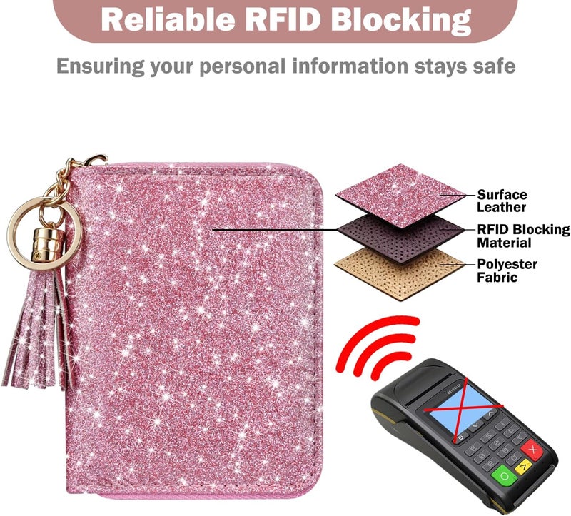 Hot Cool Credit Card Holder for Women, Card Leather Cases Small Wallet for Women Girls, KeyChain Zipper, RFID Blocking, Travel Cute, Organizer Gifts, Pink - Image 3