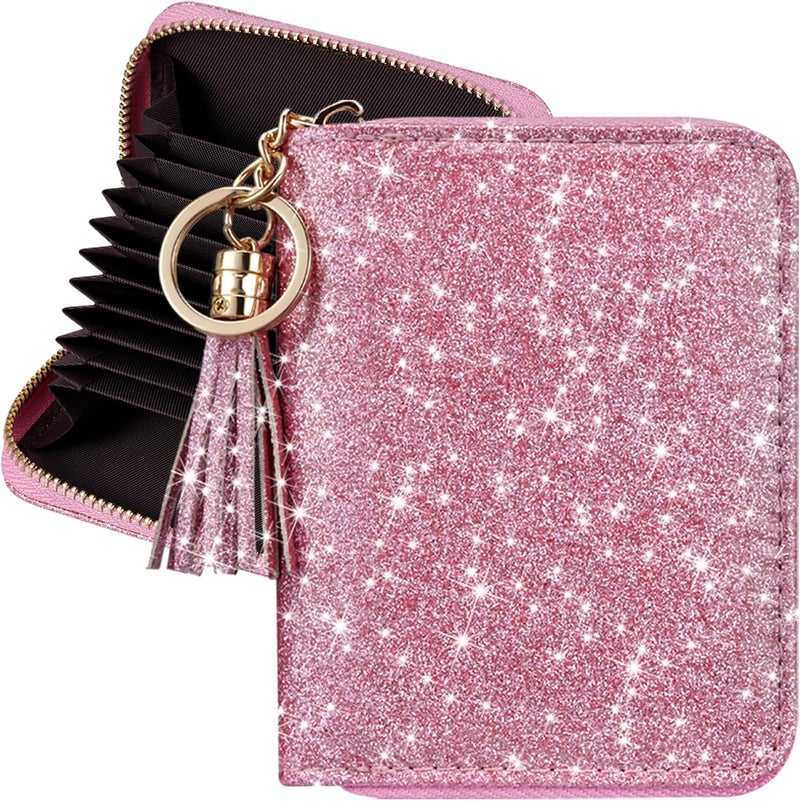 Hot Cool Credit Card Holder for Women, Card Leather Cases Small Wallet for Women Girls, KeyChain Zipper, RFID Blocking, Travel Cute, Organizer Gifts, Pink - Image 1