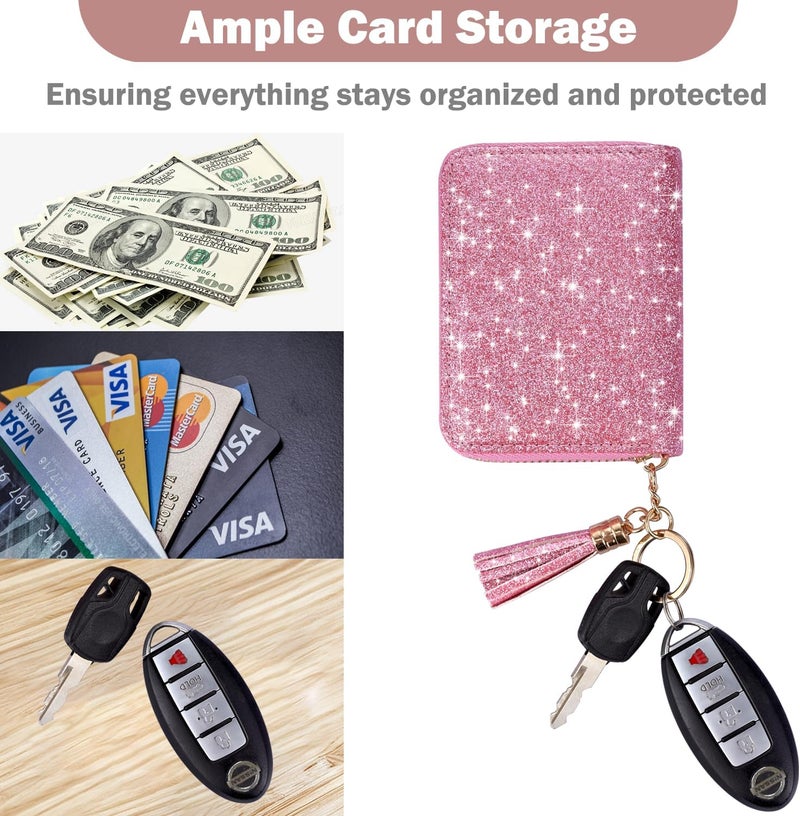 Hot Cool Credit Card Holder for Women, Card Leather Cases Small Wallet for Women Girls, KeyChain Zipper, RFID Blocking, Travel Cute, Organizer Gifts, Pink - Image 2