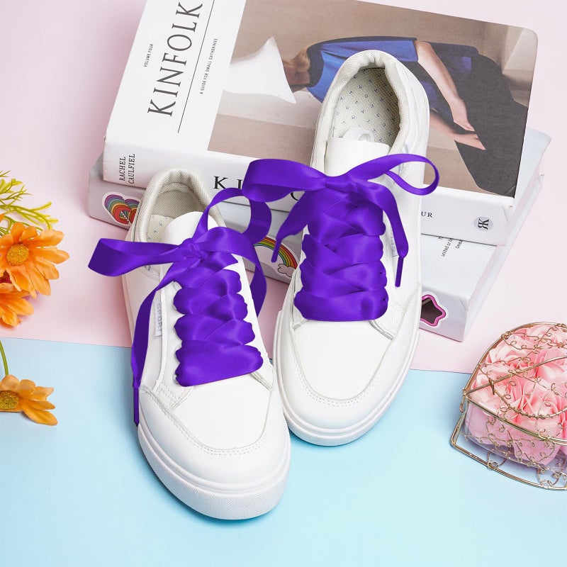 Marrywindix 2 Pairs 47" Flat Satin Ribbon Shoelaces Purple Silk Shoestrings Wide Shoe Laces for Sneakers Skate Shoes Boots Sport Shoes - Image 4