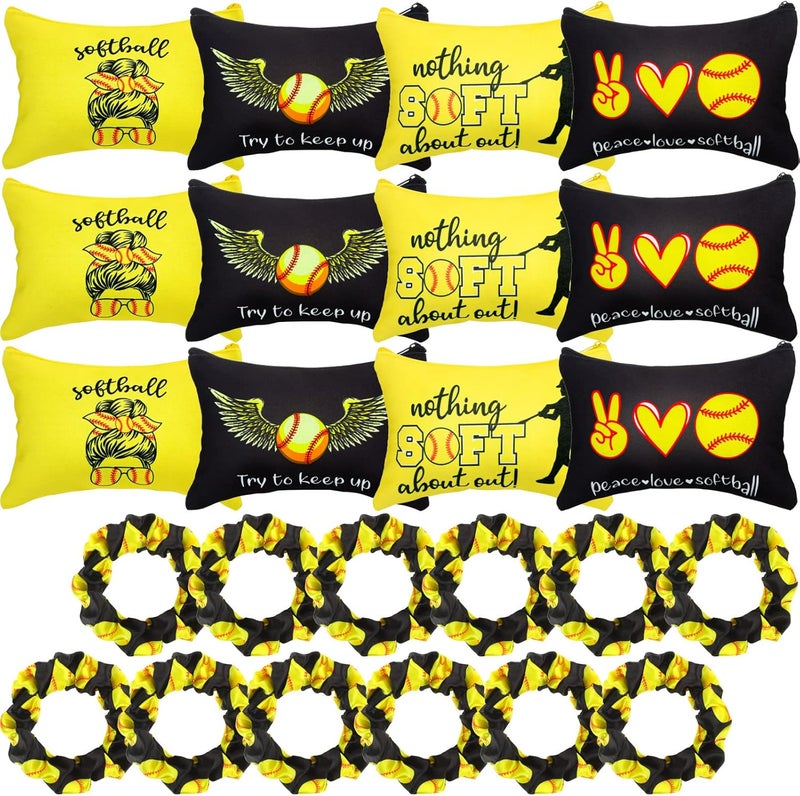 Kajaia Kajaia 24 Pcs Softball Party Favors Softball Cosmetic Bag Sport Hair Scrunchies Bracelet Travel Pouch Canvas Makeup Bags Hair Ties Bands for Women Girls Team Gifts(Elegant)