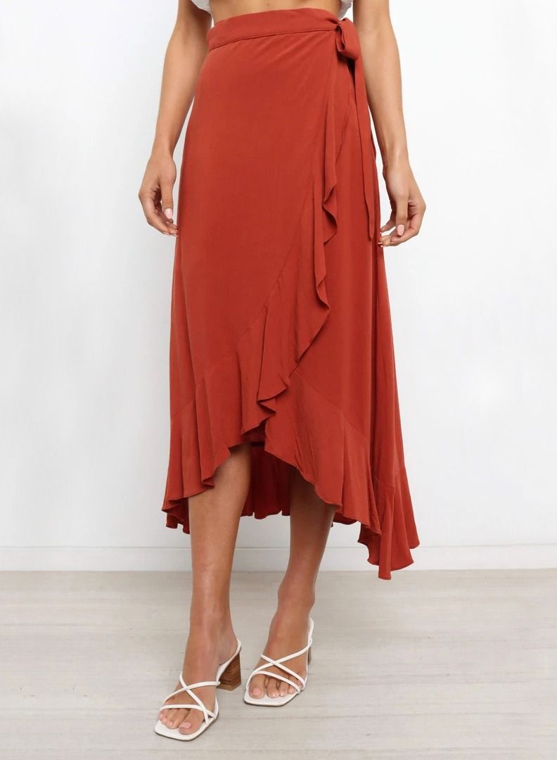 Loquat Women's Solid Color Ruffle Wrap Skirt Tie Waist Boho High Low Asymmetrical Midi Skirt Jujube Red  - Image 1