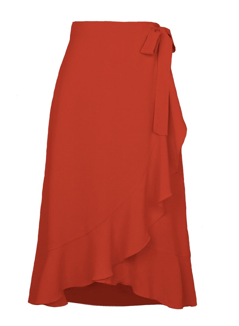 Loquat Women's Solid Color Ruffle Wrap Skirt Tie Waist Boho High Low Asymmetrical Midi Skirt Jujube Red  - Image 2