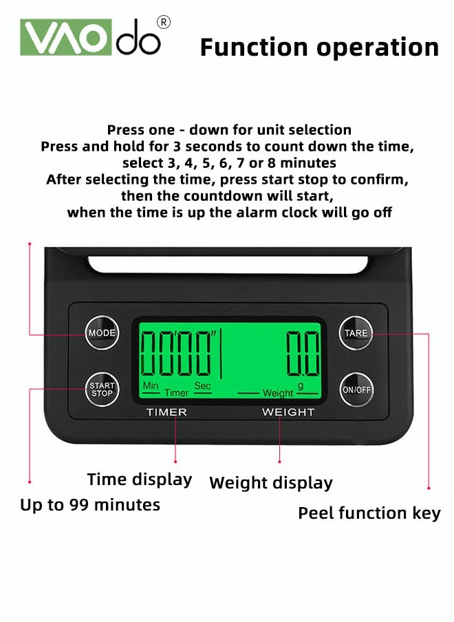 Kitchen Electronic Coffee Scale LED Backlight Display High-precision Sensor With Timing Function and Thermal Insulation Pad Maximum Weight 5 kg Baking Electronic Scale Battery Scale