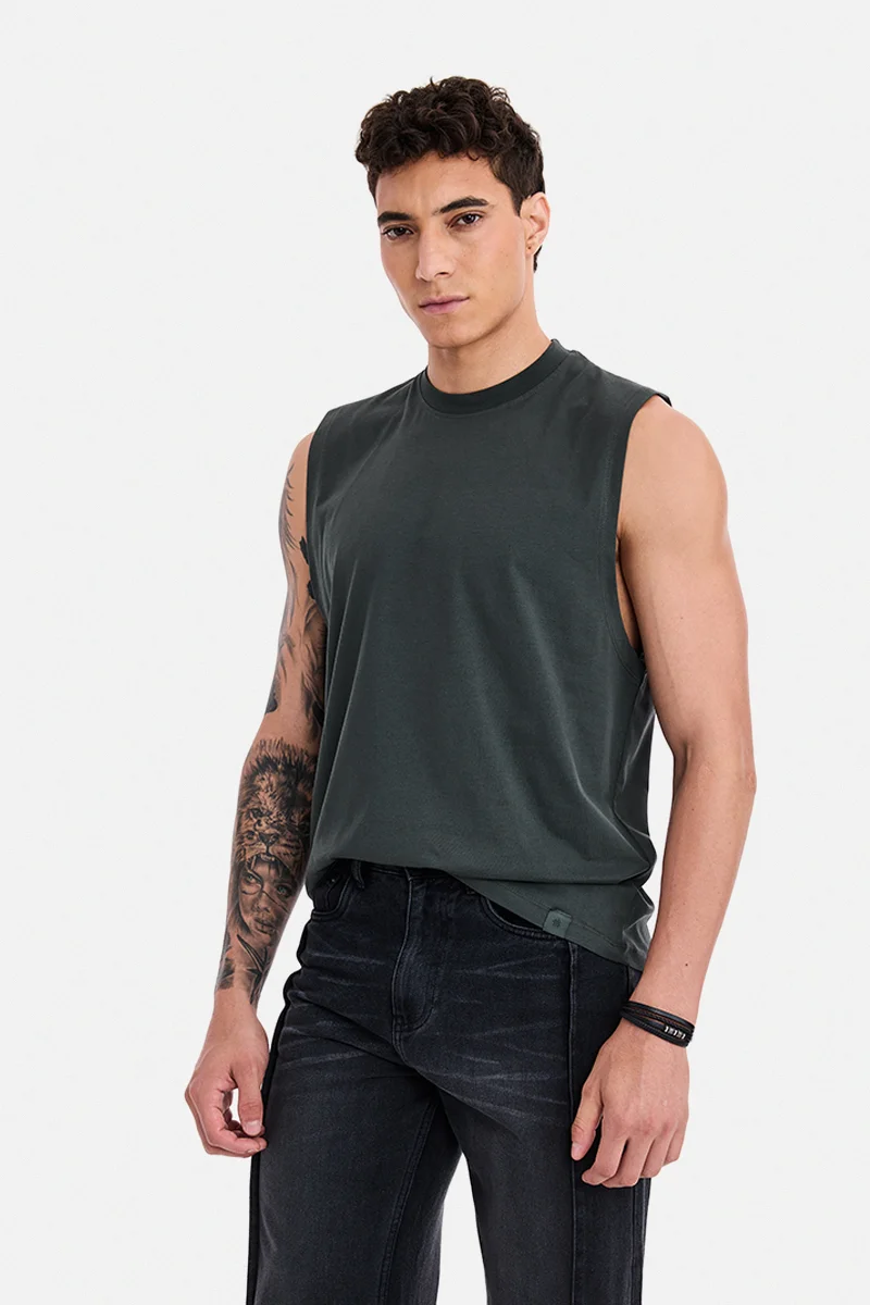 سنيتش Dark Grey Solid Sleeveless Oversized T-Shirt