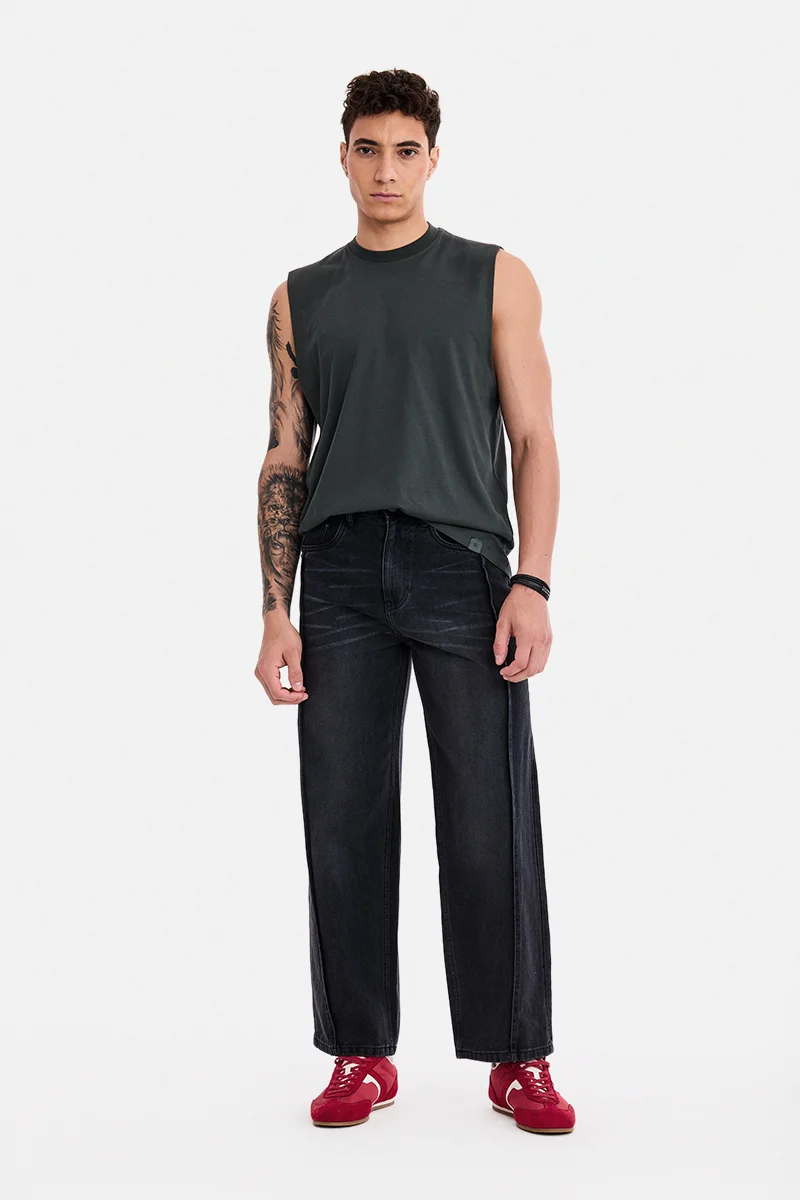 سنيتش Dark Grey Solid Sleeveless Oversized T-Shirt