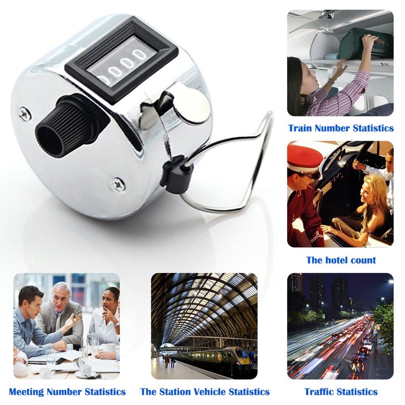 AFUNTA 4 Digit Hand Tally Counters, 4 Pack Mechanical Lap Tracker Manual Clicker with Metal Finger Ring Hoop Holder - Silver - Image 2