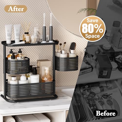 KINGRACK Bathroom Counter Organizer, 3 Tier Rotating Vanity Bedroom Storage cabinet, Cosmetic Holder Standing Shelf, Bathroom Tray for Countertop Storage, Kitchen Spice Rack, Black - Image 3