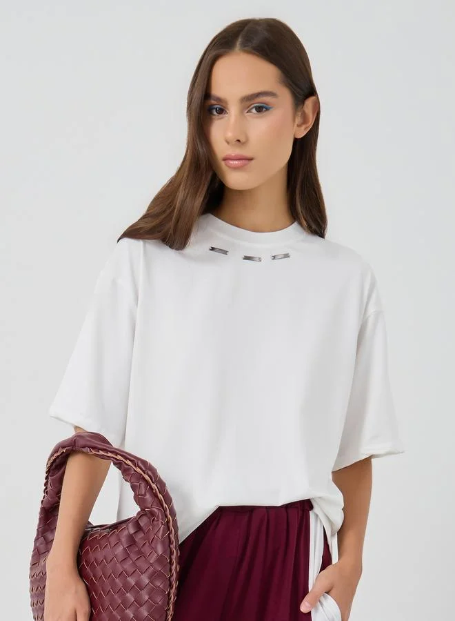 تايك تو Take Two Embellished Neck Oversized T-Shirt