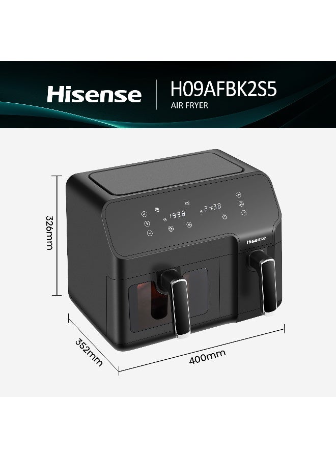 Hisense 9L Capacity Dual Cooking Zone Air Fryer 1500W+1200W, 8 Present Menus, Visible Basket, LED Display, 360°Circulation 2700W (H09AFBK2S5 black) 9 L 2700 W H09AFBK2S5 black - Image 2