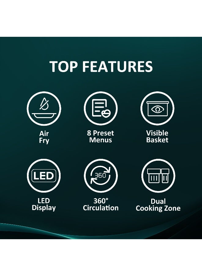 Hisense 9L Capacity Dual Cooking Zone Air Fryer 1500W+1200W, 8 Present Menus, Visible Basket, LED Display, 360°Circulation 2700W (H09AFBK2S5 black) 9 L 2700 W H09AFBK2S5 black - Image 3