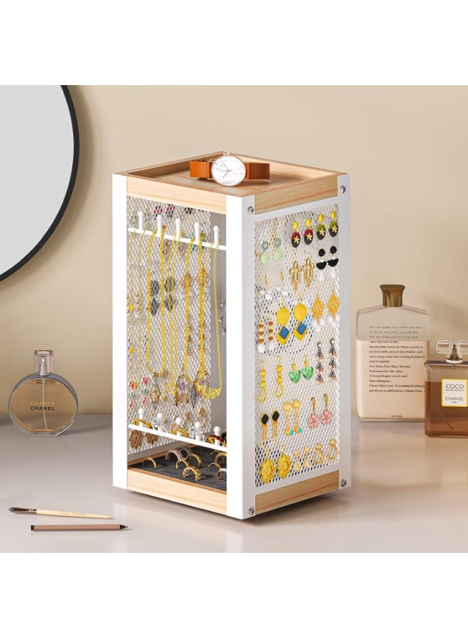 Uptyia Earring Holder Organizer, Rotating Jewelry Holder with Ring Tray/Bracelet/Necklace Hooks, 360°Earring Organizer with Stable Bamboo Base for Jewelry Display, White - Image 5