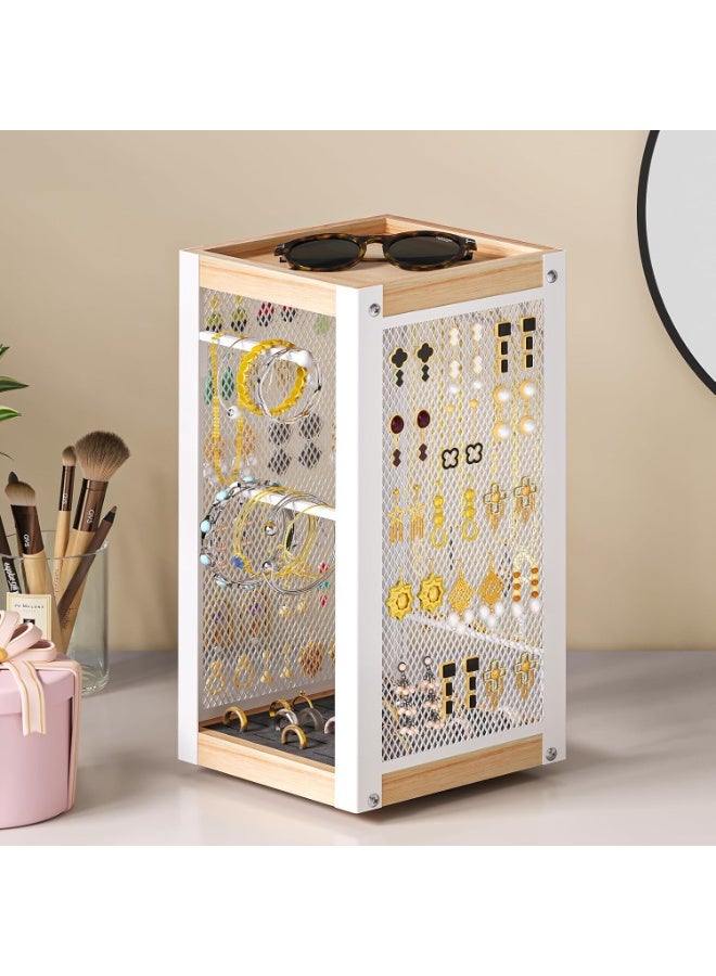 Uptyia Earring Holder Organizer, Rotating Jewelry Holder with Ring Tray/Bracelet/Necklace Hooks, 360°Earring Organizer with Stable Bamboo Base for Jewelry Display, White - Image 1