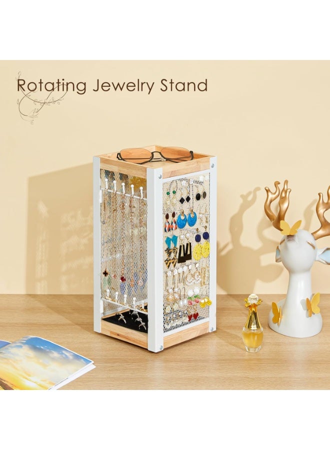 Uptyia Earring Holder Organizer, Rotating Jewelry Holder with Ring Tray/Bracelet/Necklace Hooks, 360°Earring Organizer with Stable Bamboo Base for Jewelry Display, White - Image 2