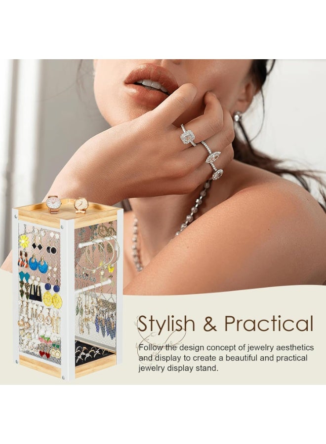Uptyia Earring Holder Organizer, Rotating Jewelry Holder with Ring Tray/Bracelet/Necklace Hooks, 360°Earring Organizer with Stable Bamboo Base for Jewelry Display, White - Image 4