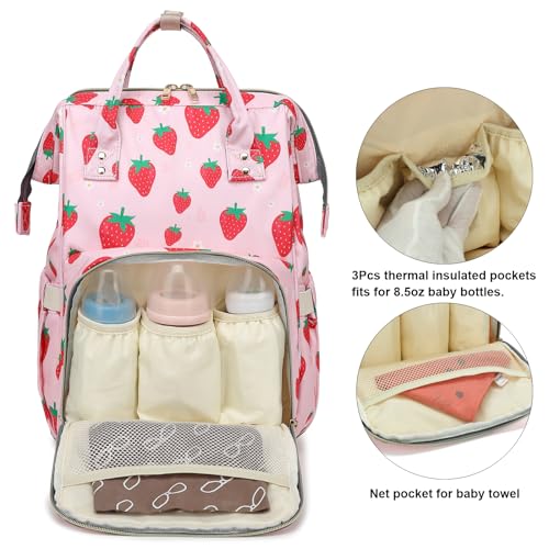 Yusudan Strawberry Diaper Bag Backpack for Baby Girls Mom Waterproof Large Nappy Bags for Women - Image 3