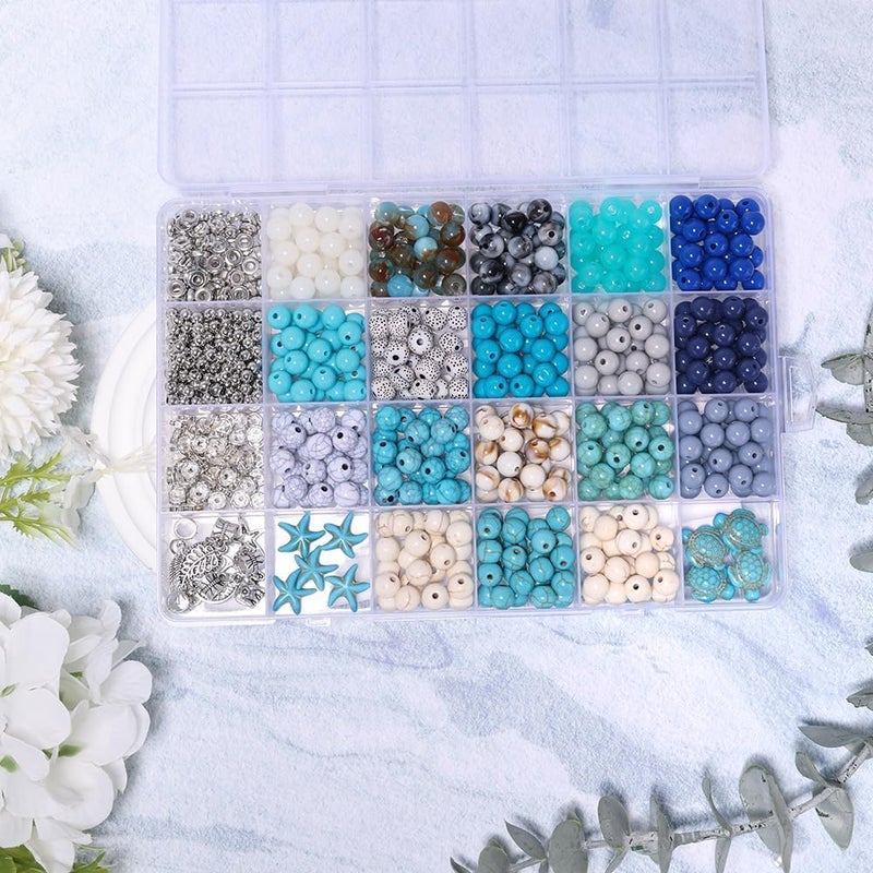 Capstro 760PCS Ocean Glass Beads Set – 8mm Round Beads with Starfish, Turtle, Silver Rhinestones & Ocean Charms in 24-Grid Box for DIY Jewelry Making, Bracelets & Necklaces - Image 5