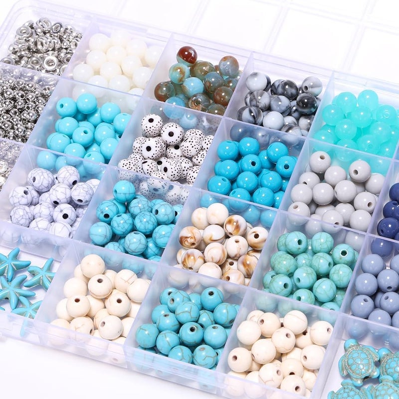 Capstro 760PCS Ocean Glass Beads Set – 8mm Round Beads with Starfish, Turtle, Silver Rhinestones & Ocean Charms in 24-Grid Box for DIY Jewelry Making, Bracelets & Necklaces - Image 2