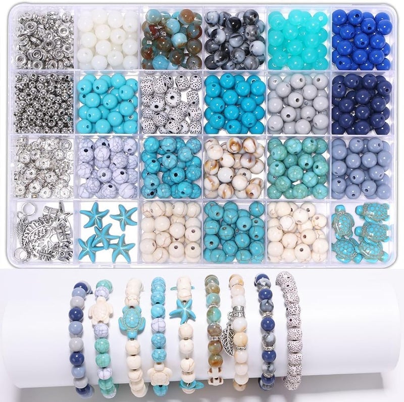 Capstro 760PCS Ocean Glass Beads Set – 8mm Round Beads with Starfish, Turtle, Silver Rhinestones & Ocean Charms in 24-Grid Box for DIY Jewelry Making, Bracelets & Necklaces - Image 1