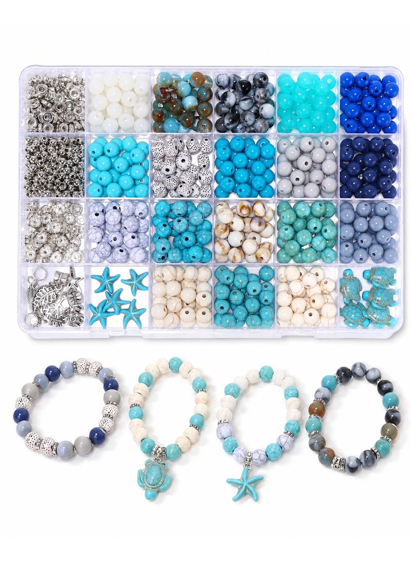 Capstro 760PCS Ocean Glass Beads Set – 8mm Round Beads with Starfish, Turtle, Silver Rhinestones & Ocean Charms in 24-Grid Box for DIY Jewelry Making, Bracelets & Necklaces - Image 1