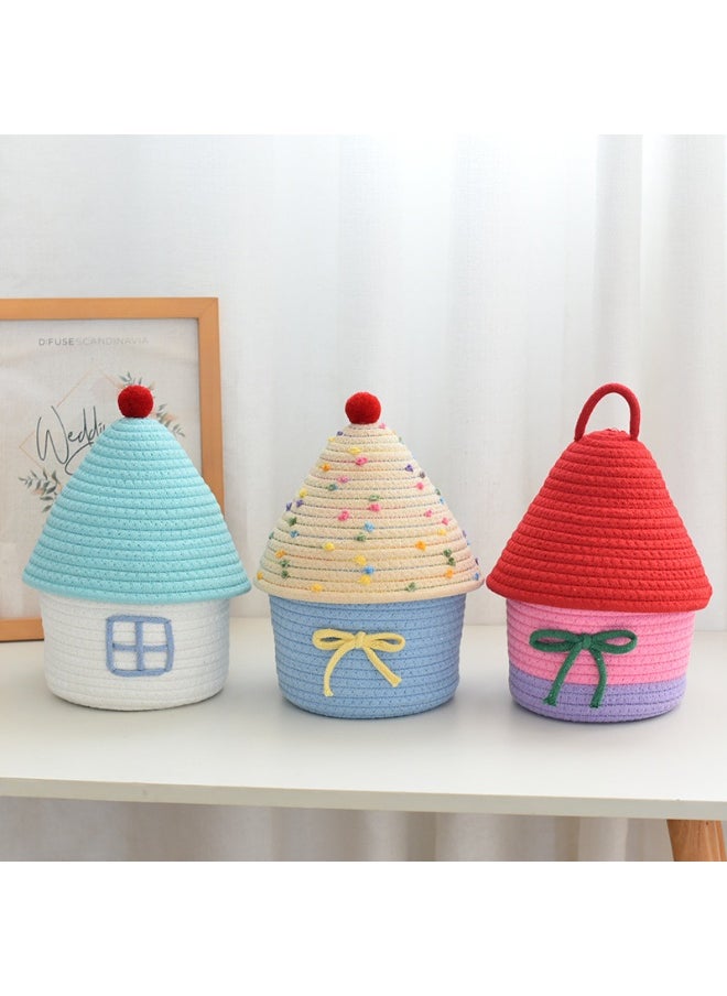 Generic Home decorative cotton thread woven ins cute creative living room bedroom with lid small house storage basket multifunctional basket  - Image 4