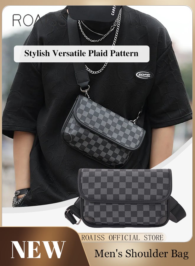 roaiss Plaid Pattern PU Leather Shoulder Bag for Men Clamshell Adjustable Strap Waterproof Large Capacity Crossbody Bag Mens Classic Business Commuting Leisure Travel Street Trend Backpack  - Image 2