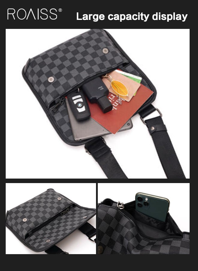roaiss Plaid Pattern PU Leather Shoulder Bag for Men Clamshell Adjustable Strap Waterproof Large Capacity Crossbody Bag Mens Classic Business Commuting Leisure Travel Street Trend Backpack  - Image 3