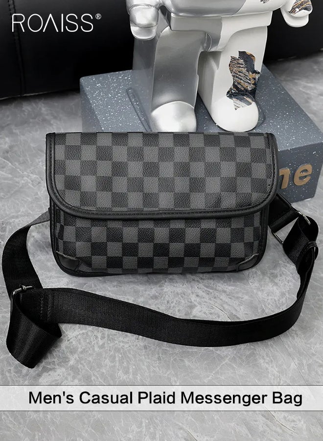 roaiss Plaid Pattern PU Leather Shoulder Bag for Men Clamshell Adjustable Strap Waterproof Large Capacity Crossbody Bag Mens Classic Business Commuting Leisure Travel Street Trend Backpack  - Image 4