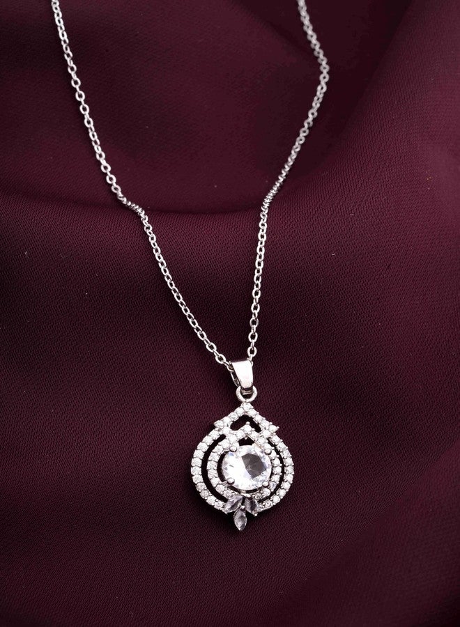 STYOLLO Trendy Silver Pendant Necklace American Diamond Jewellery Set For Women & Girls with Crystal Zirconia Stones | Girls' Chains & Necklaces | Women's Pendants Neck Accessory-(Silver-White) - Image 2