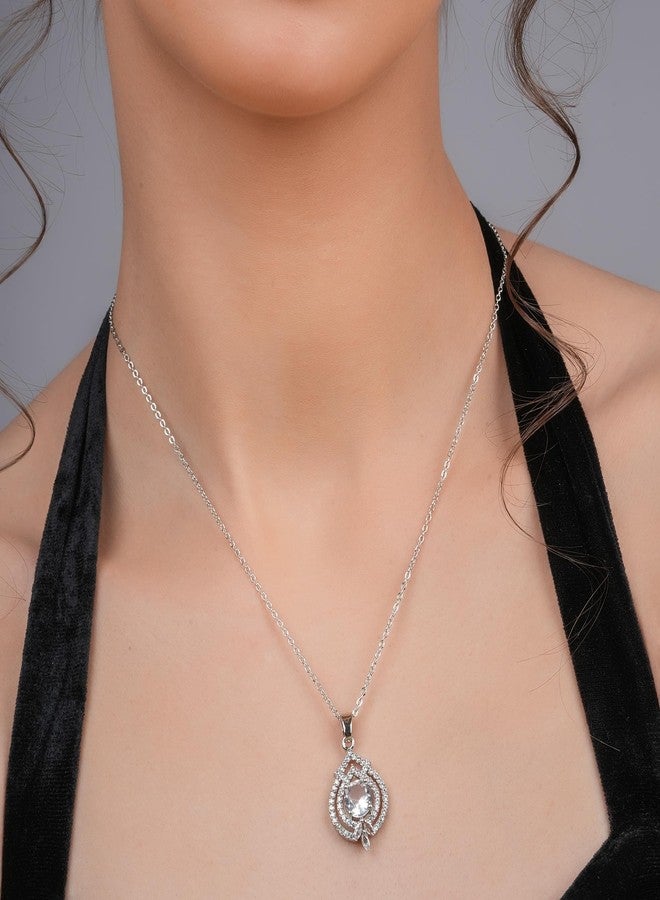 STYOLLO Trendy Silver Pendant Necklace American Diamond Jewellery Set For Women & Girls with Crystal Zirconia Stones | Girls' Chains & Necklaces | Women's Pendants Neck Accessory-(Silver-White) - Image 3