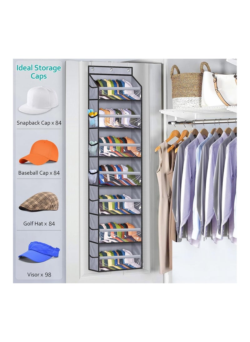 KASTWAVE 7 Tier Hat Rack for Baseball Caps, Over Door Baseball Hat Organizer Hold 80 Hat Storage for Closet/Wall with 14 Side Mesh Pockets Cap Holder (Gray) - Image 3
