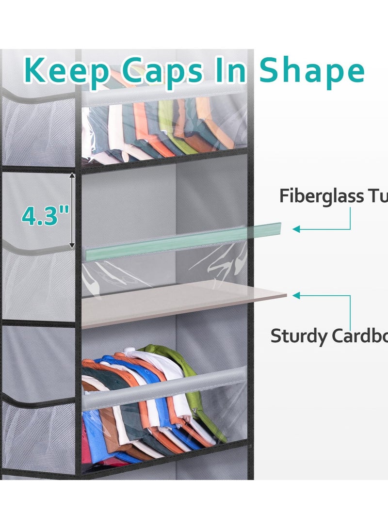 KASTWAVE 7 Tier Hat Rack for Baseball Caps, Over Door Baseball Hat Organizer Hold 80 Hat Storage for Closet/Wall with 14 Side Mesh Pockets Cap Holder (Gray) - Image 5