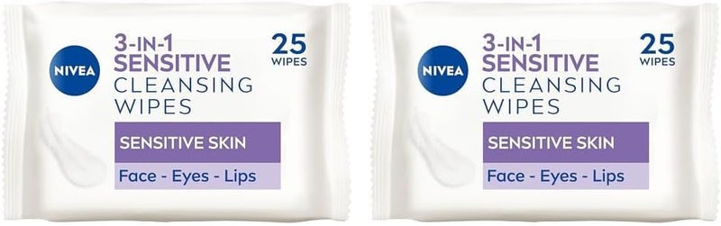 NIVEA Sensitive Skin Face Wipes Biodegradable Plant Fibre Wipes Makeup Remover 50 Count Pack of 2