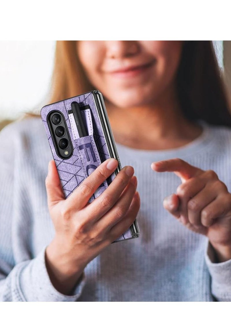 إكسفور for Samsung Galaxy Z Fold5 Case with Hand Strap and Pen Holder, Anti-Scratch Shockproof PC Wristband PU Leather Cover Thin Protective Phone Cases for Samsung Galaxy Z Fold 5 (Purple) - Image 4