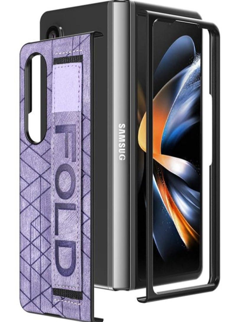 إكسفور for Samsung Galaxy Z Fold5 Case with Hand Strap and Pen Holder, Anti-Scratch Shockproof PC Wristband PU Leather Cover Thin Protective Phone Cases for Samsung Galaxy Z Fold 5 (Purple) - Image 1