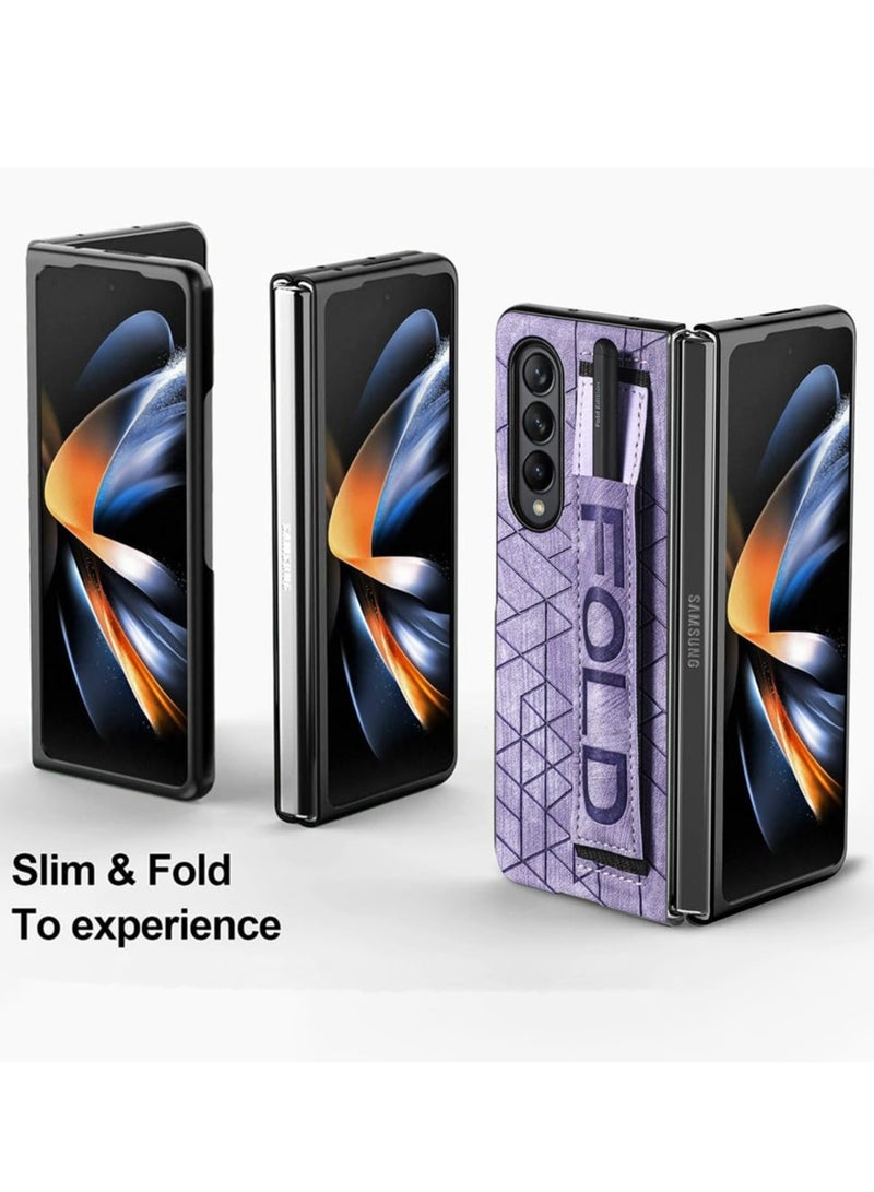إكسفور for Samsung Galaxy Z Fold5 Case with Hand Strap and Pen Holder, Anti-Scratch Shockproof PC Wristband PU Leather Cover Thin Protective Phone Cases for Samsung Galaxy Z Fold 5 (Purple) - Image 3