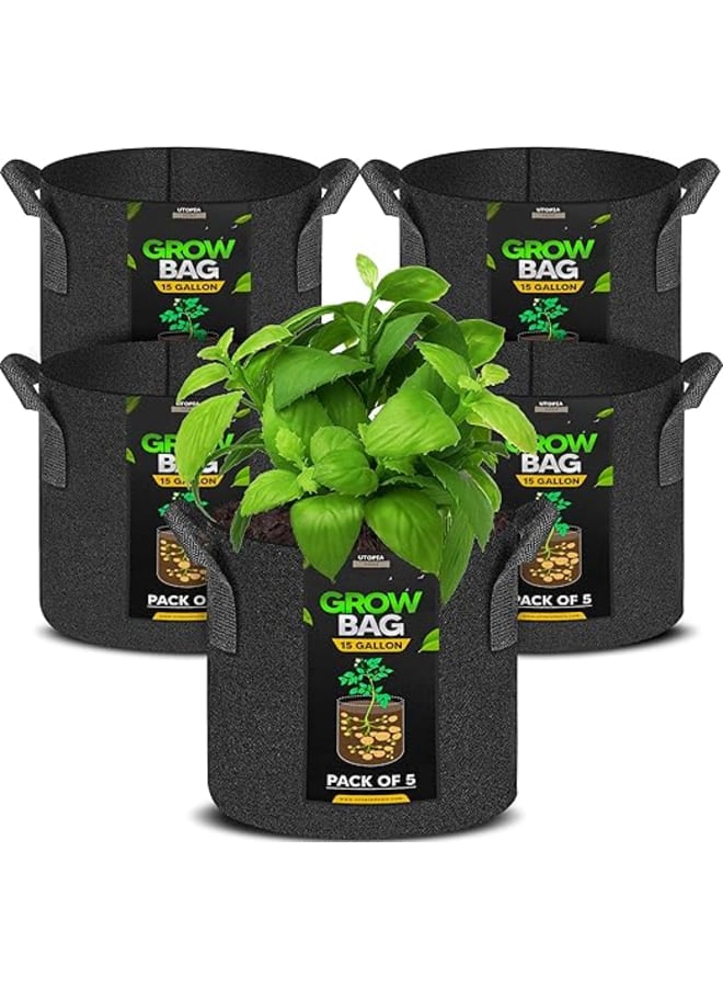 15 Gallon Canvas Grow Bags 5 Pack Heavy Duty Thick Breathable Planter Pots with Non-Woven Fabric Handles Suitable for Vegetables, Flowers, Mushrooms Black - Image 1