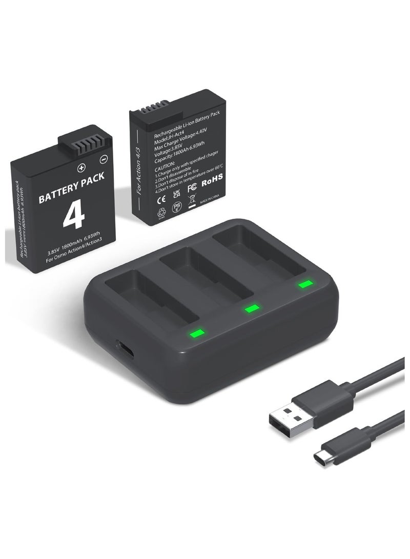SYOSI Battery Charger Pack, Compatible with OSMO Action 3/4, 2-Pack1800mAh Osmo Action 4 Camera Batteries, 3-Channel USB Charger Kit, for OSMO Action 3 Camera, Portable Charger - Image 1